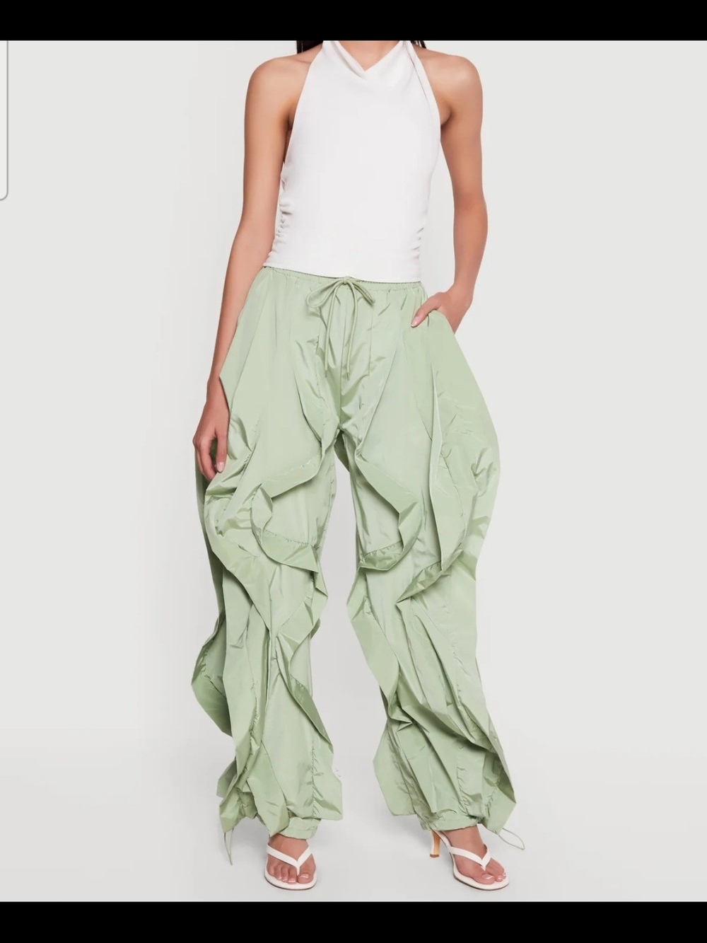 Light Green Ruffle Wide-Leg Pants
